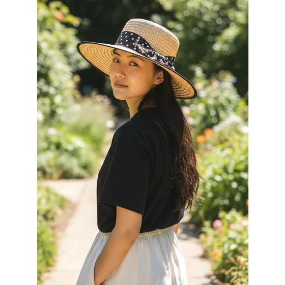 Vintage Eric Javits Straw Boater Hat for Bonwit Teller New York Polka Dot Ribbon - Picture 4 of 6